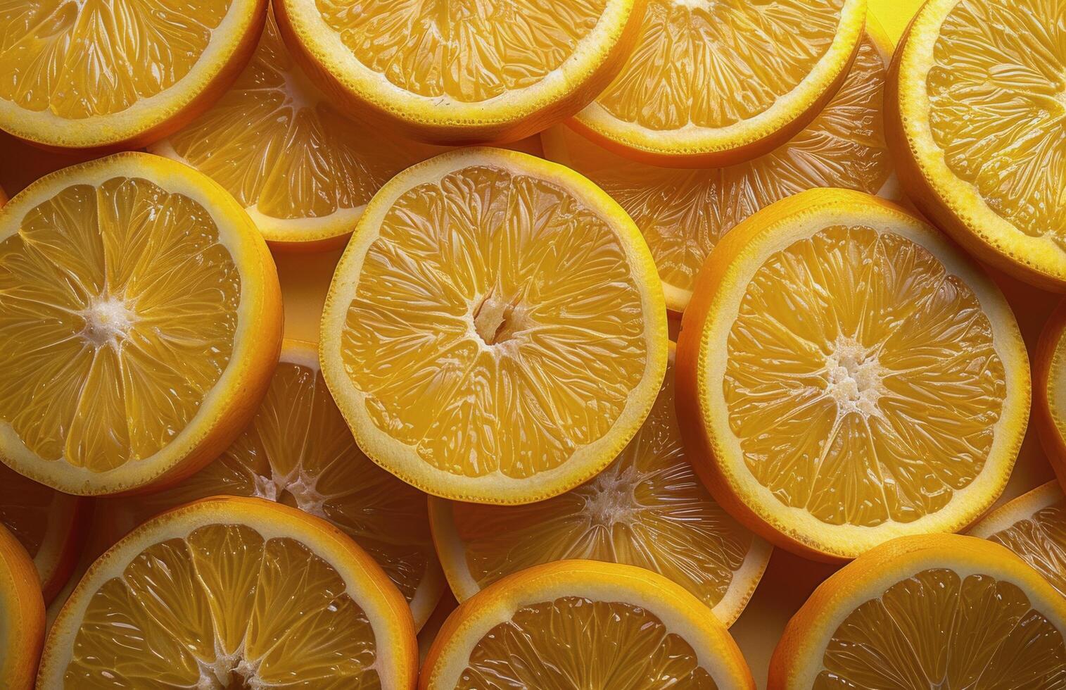Freshly Sliced Oranges Arranged on Yellow Background photo
