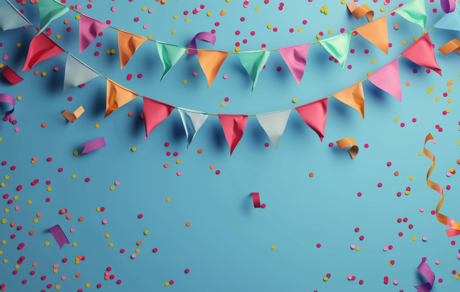 Colorful Confetti and Party Flags Falling on Blue Wall photo