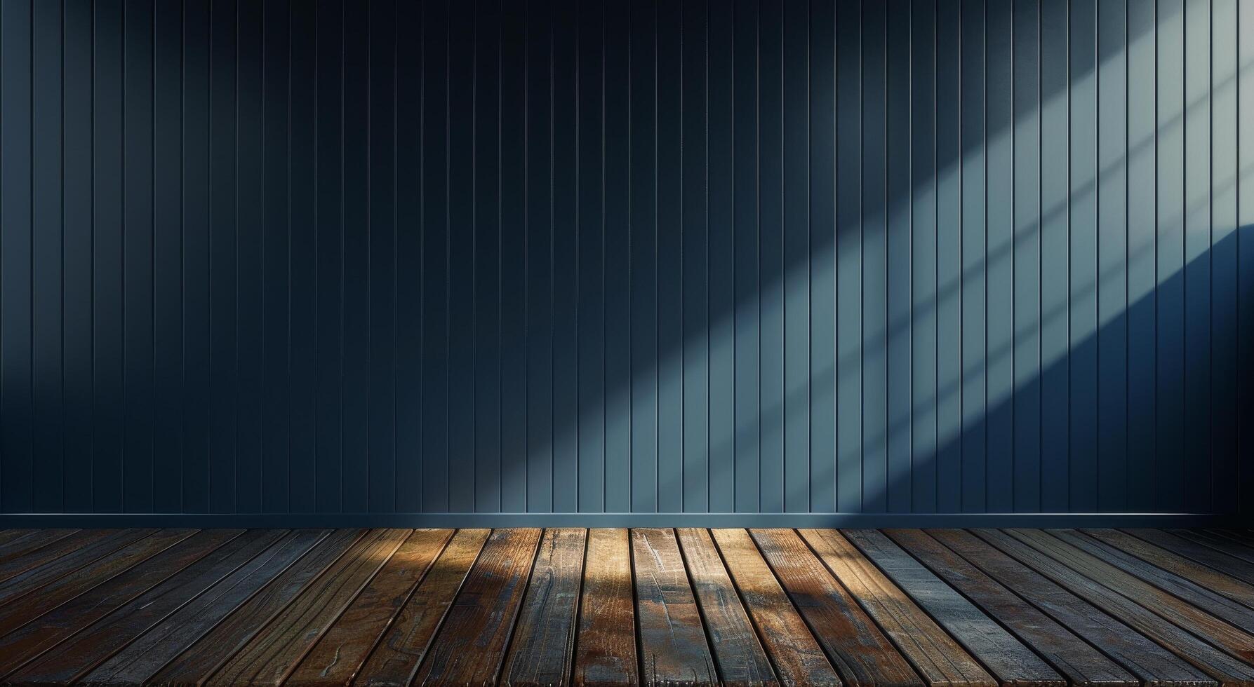Dark Blue Room With Wooden Floor and Sunlight Streaming Through Window photo