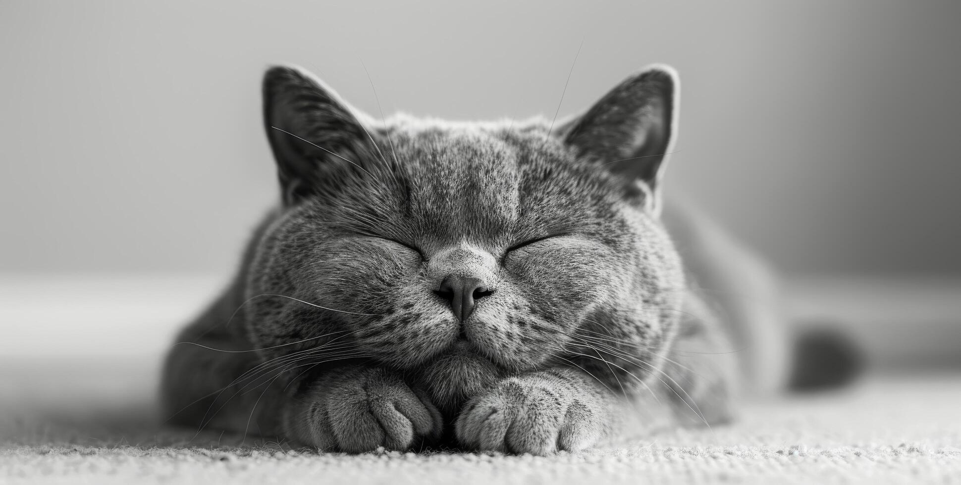 A Grey Cat Sleeping on a Carpet in Black and White photo