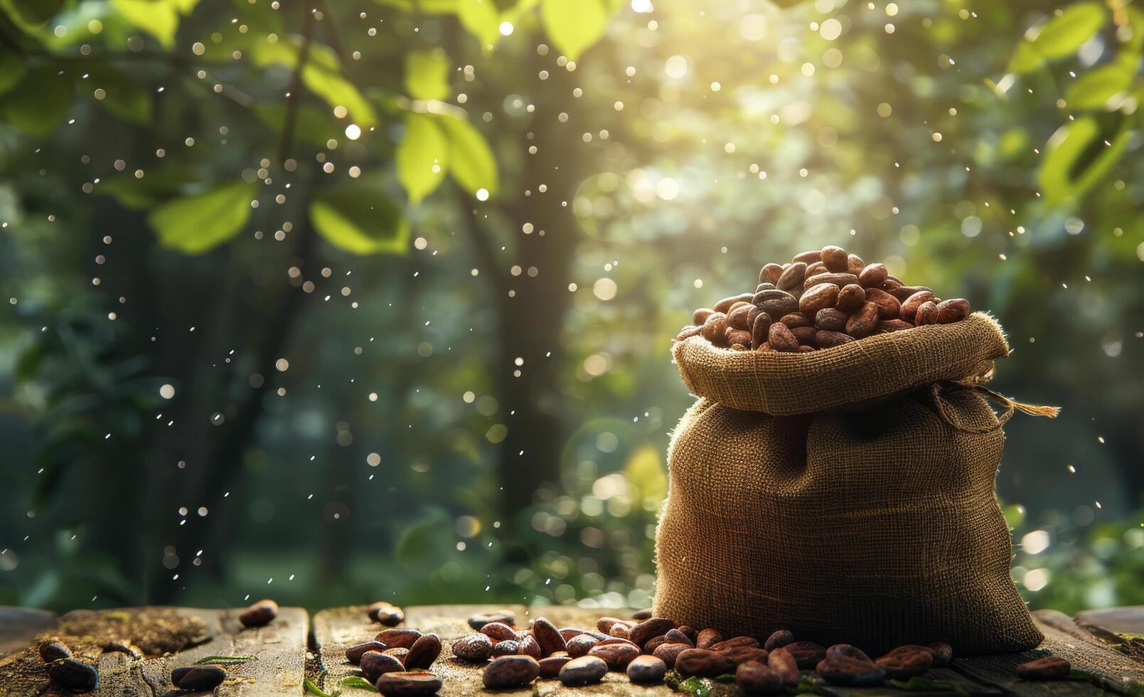 A Burlap Bag Filled With Cocoa Beans In A Lush Rainforest Setting photo