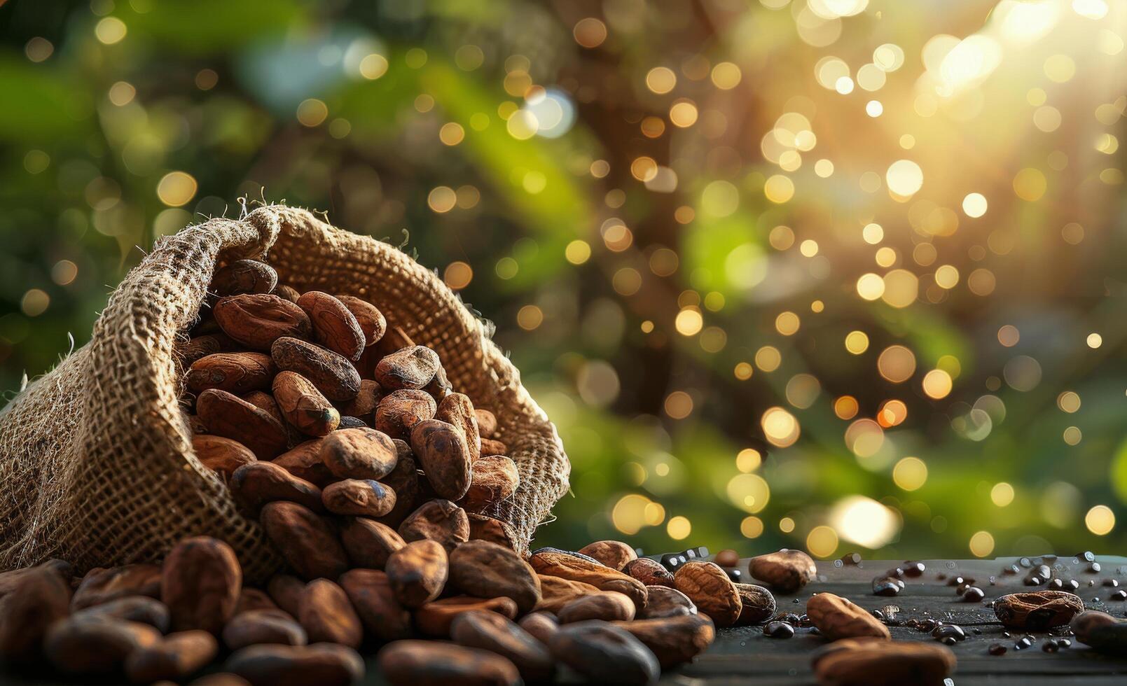A Burlap Sack Filled With Cocoa Beans on a Wooden Surface photo
