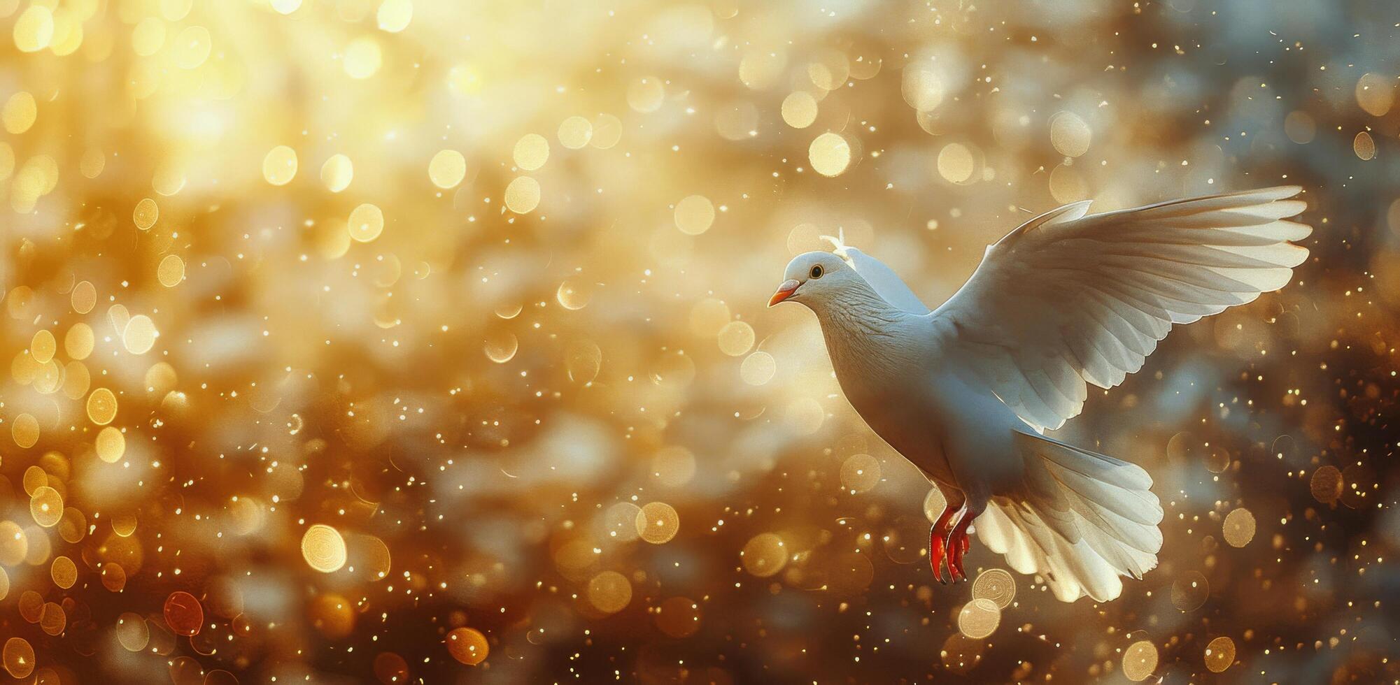 White Dove Flying Through Golden Bokeh photo