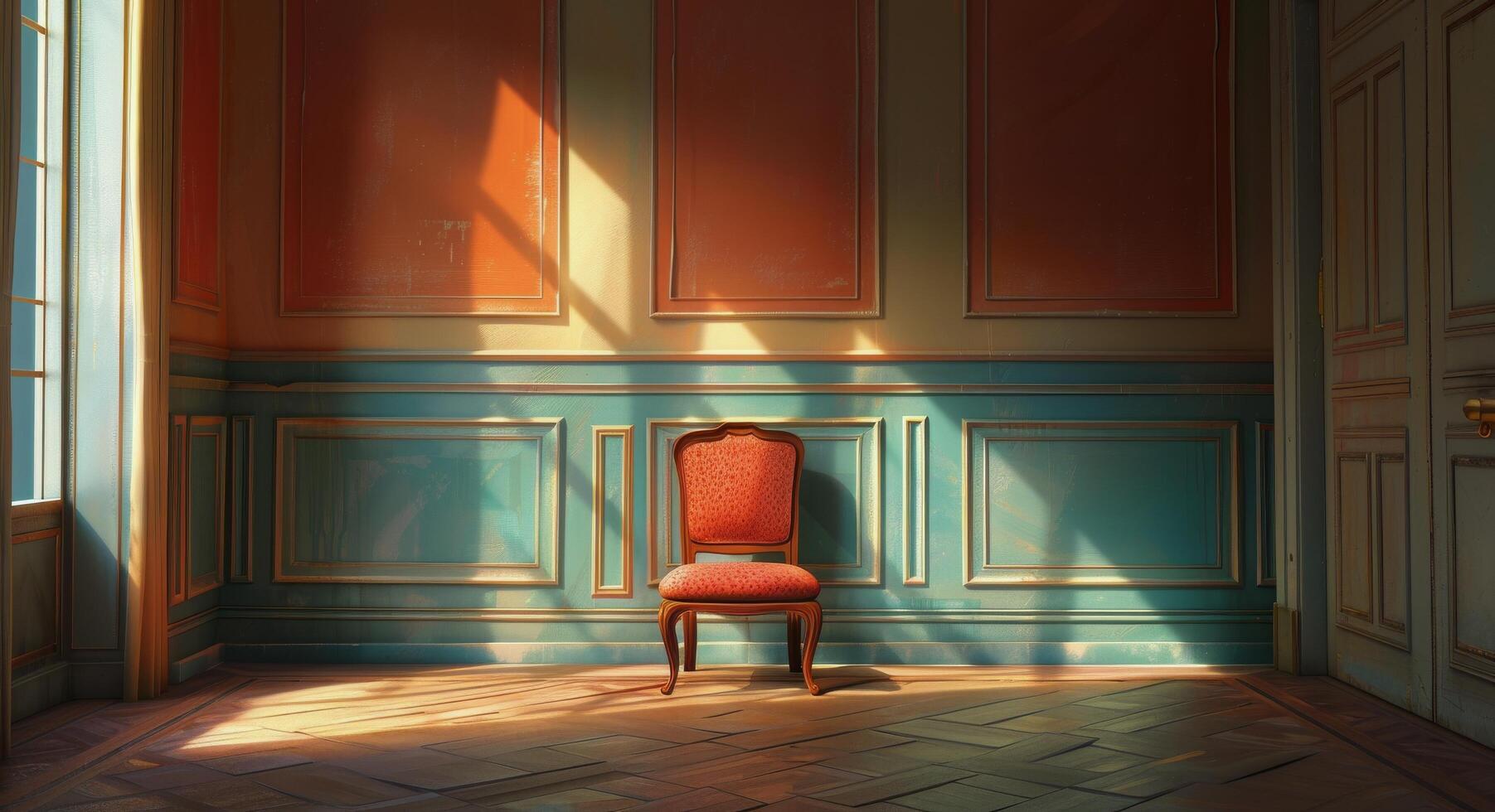 Sunlit Room With Wooden Chair, Flowers, and a View photo