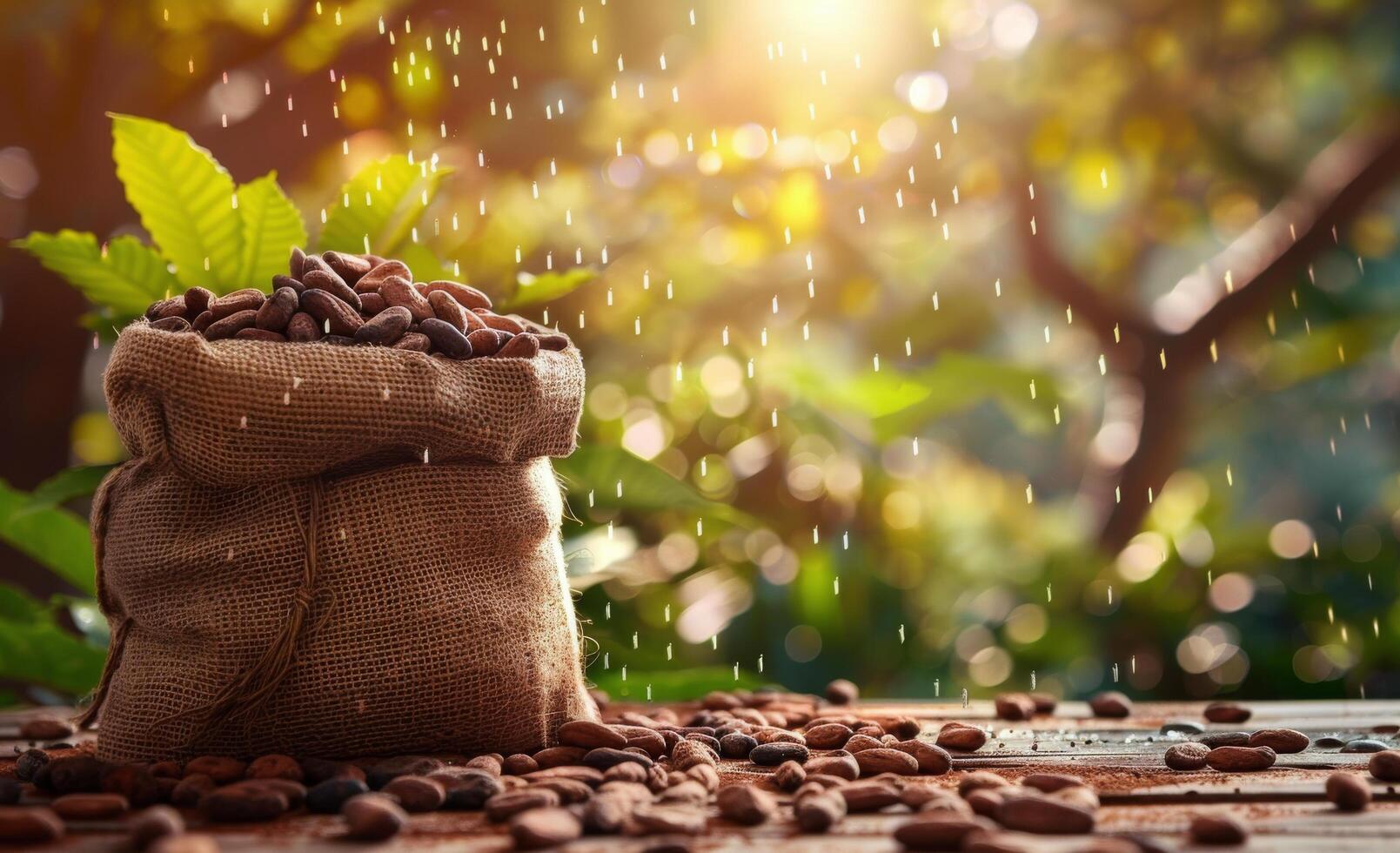 A Burlap Sack Filled With Cocoa Beans on a Wooden Surface photo