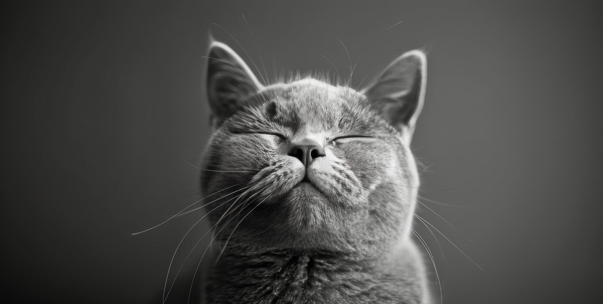 A Grey Cat With Whiskers Smiled In Black And White photo