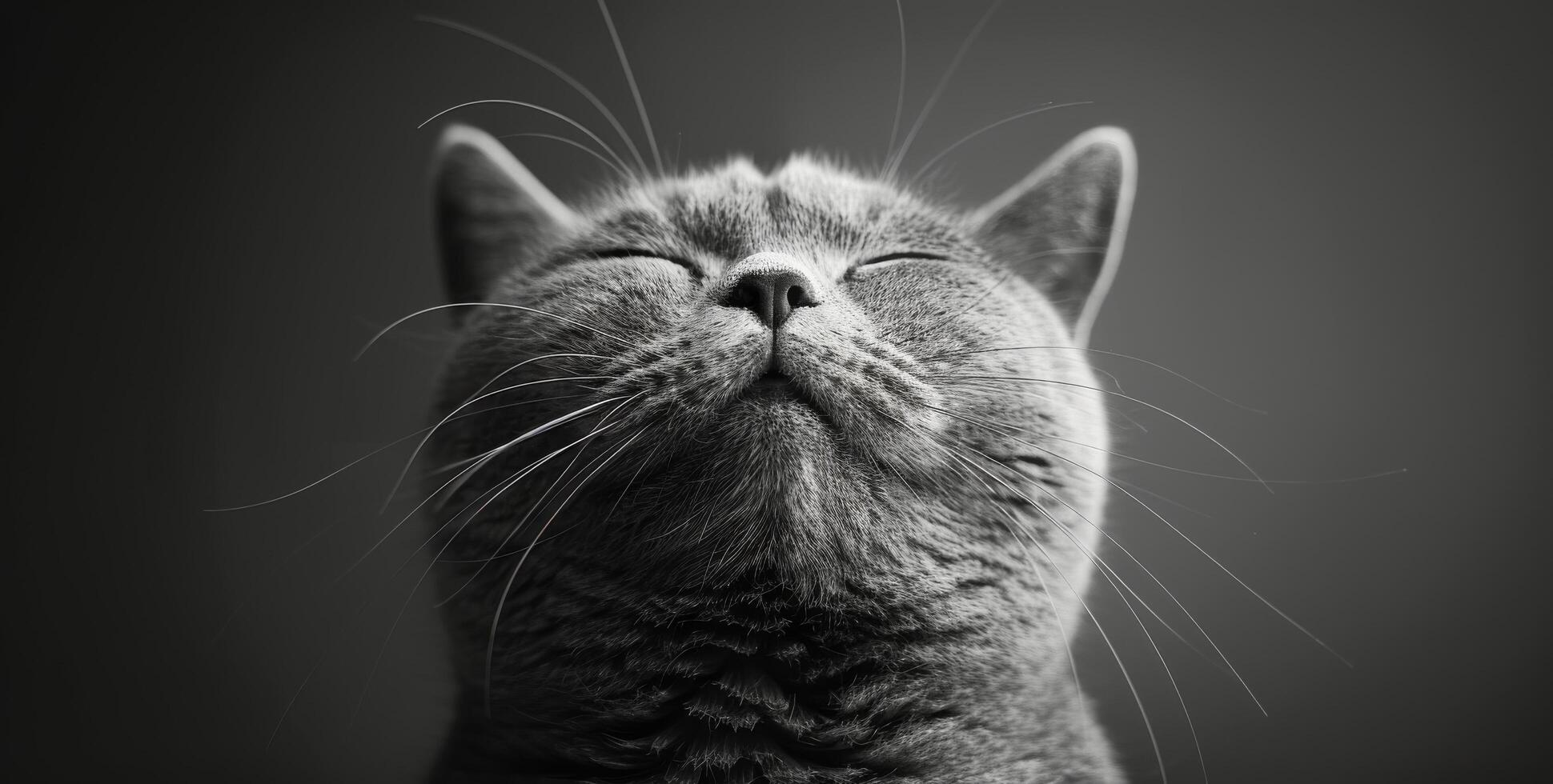 A Grey Cat With Whiskers Smiled In Black And White photo