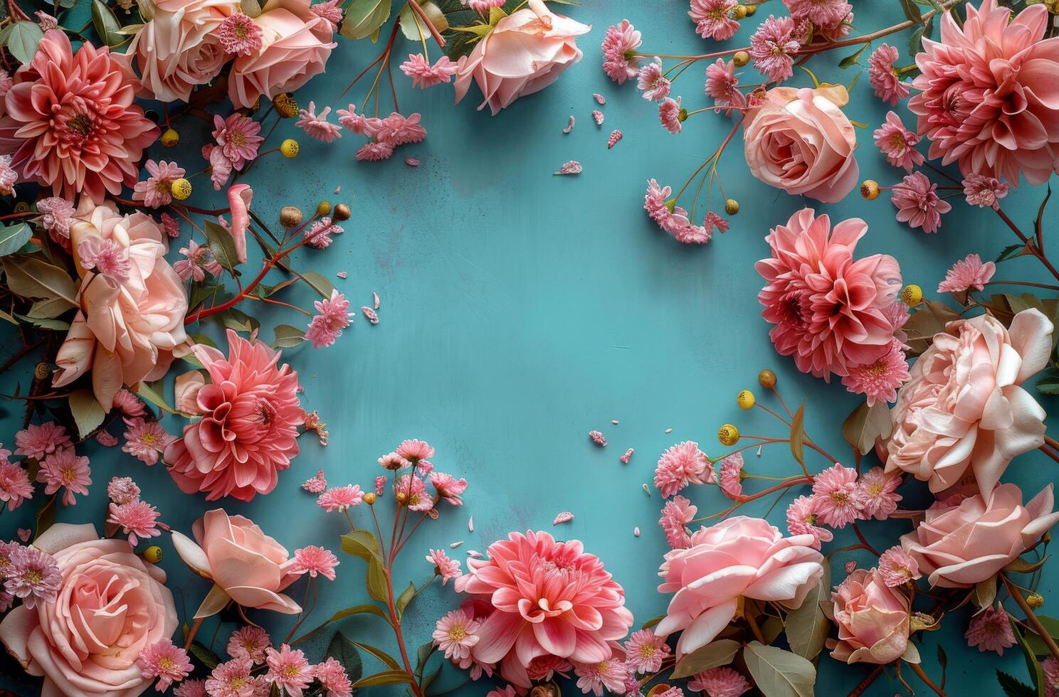 Pink Flowers Arranged in a Circle on a Teal Background photo