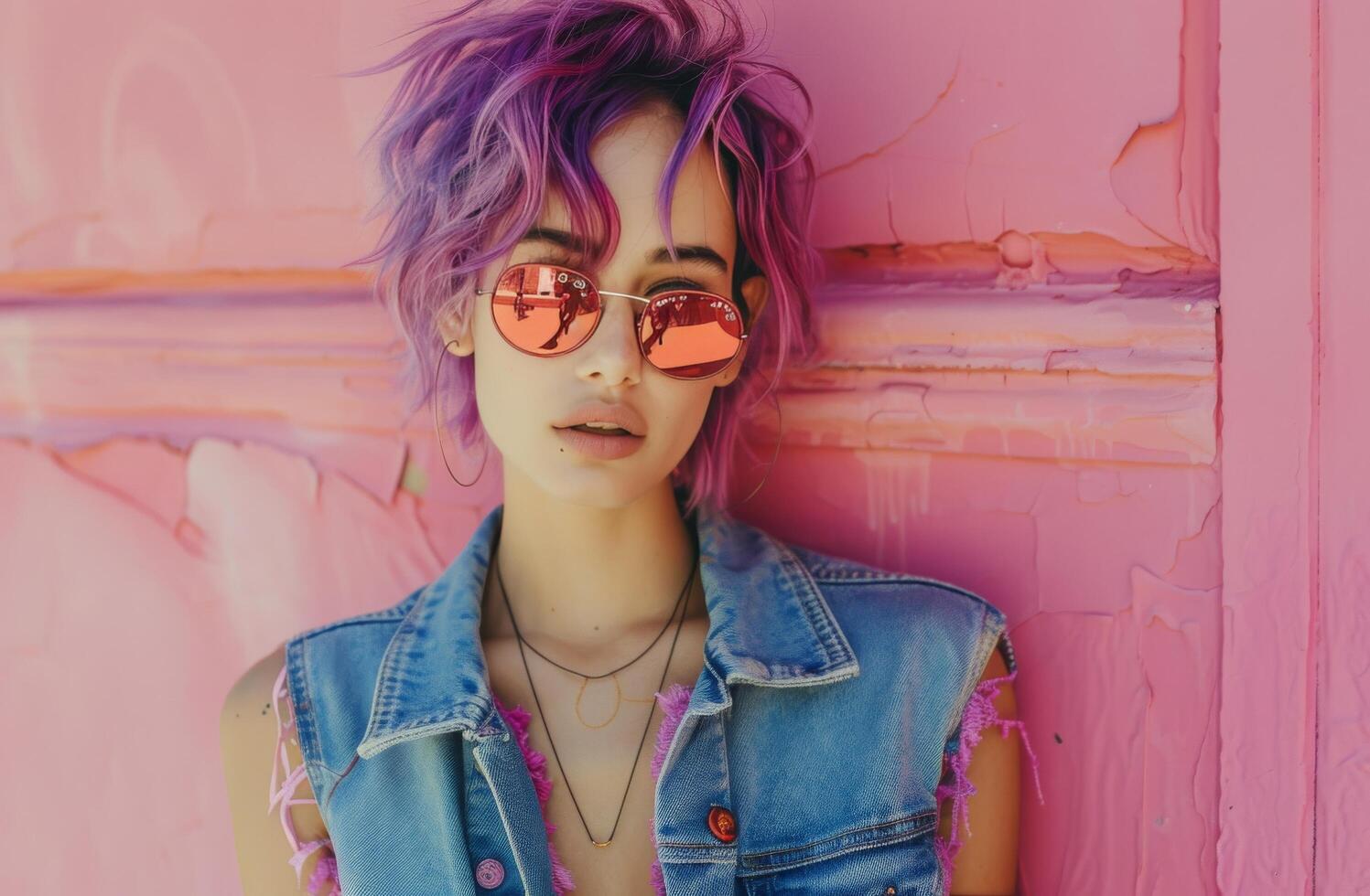 Young Woman With Purple Hair Wearing Sunglasses Against Pink Wall photo