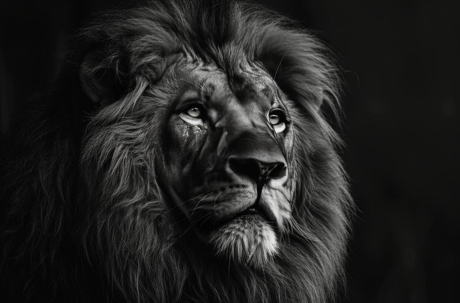 A Black And White Portrait of a Majestic Lion With a Full Mane photo