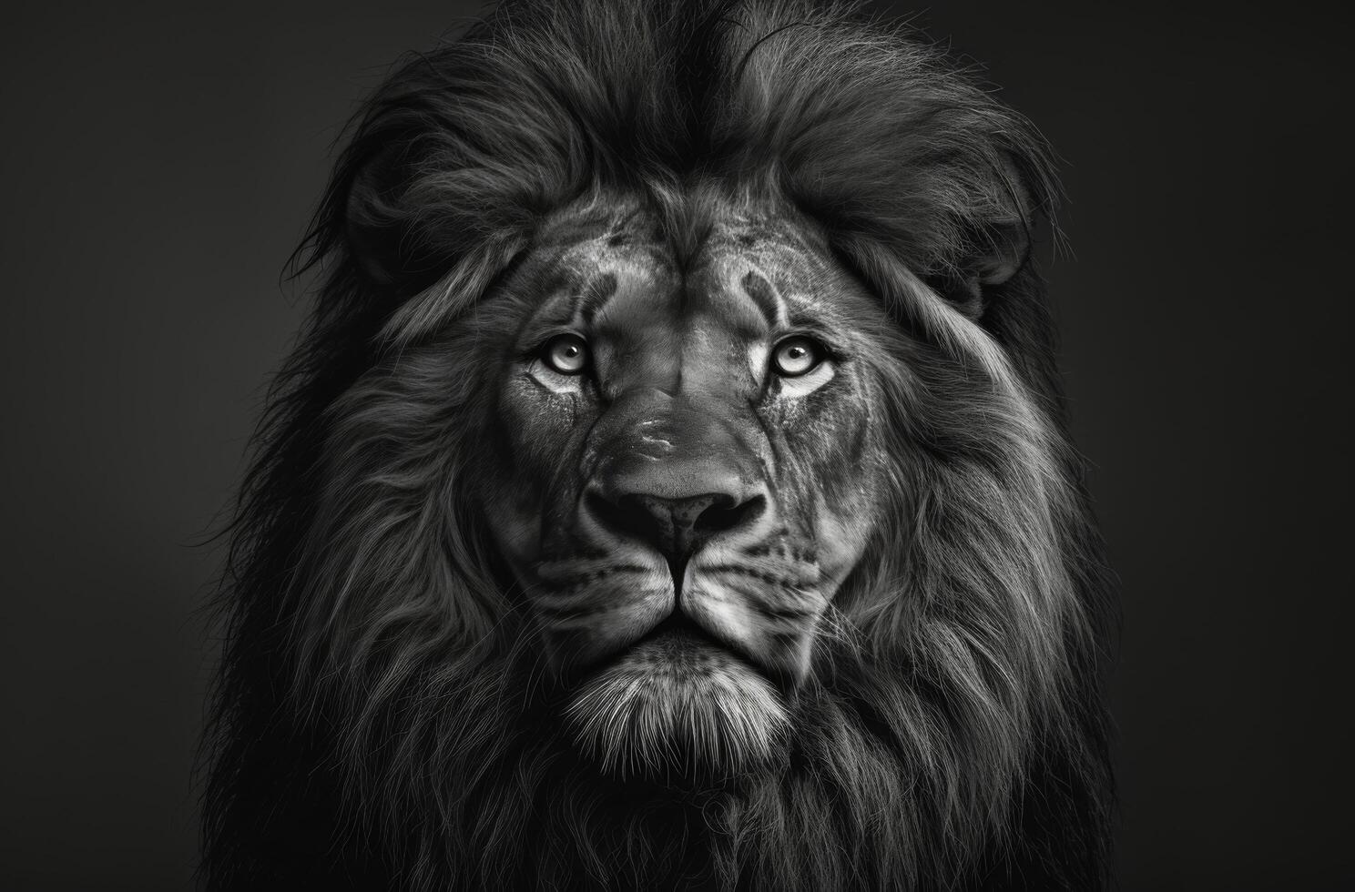 A Black And White Portrait of a Majestic Lion With a Full Mane photo