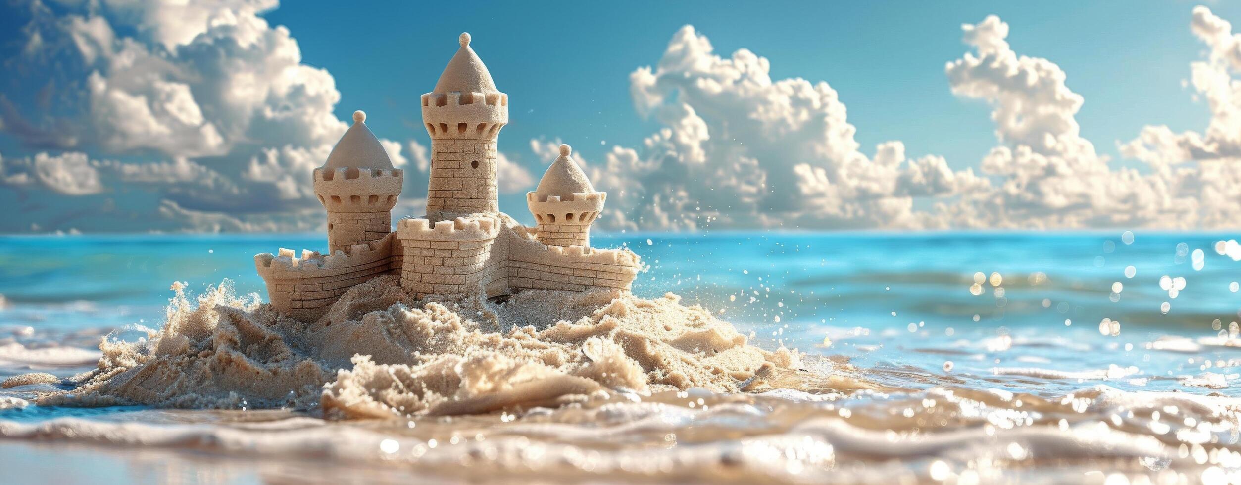 A Detailed Sandcastle Being Washed Away by Ocean Waves on a Sunny Day photo