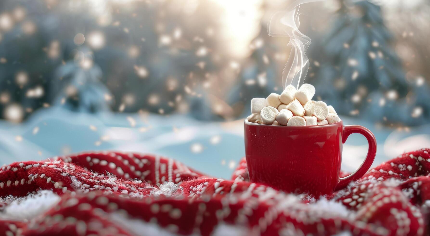 A Red Mug of Hot Chocolate With Marshmallows on a Snowy Winter Day photo