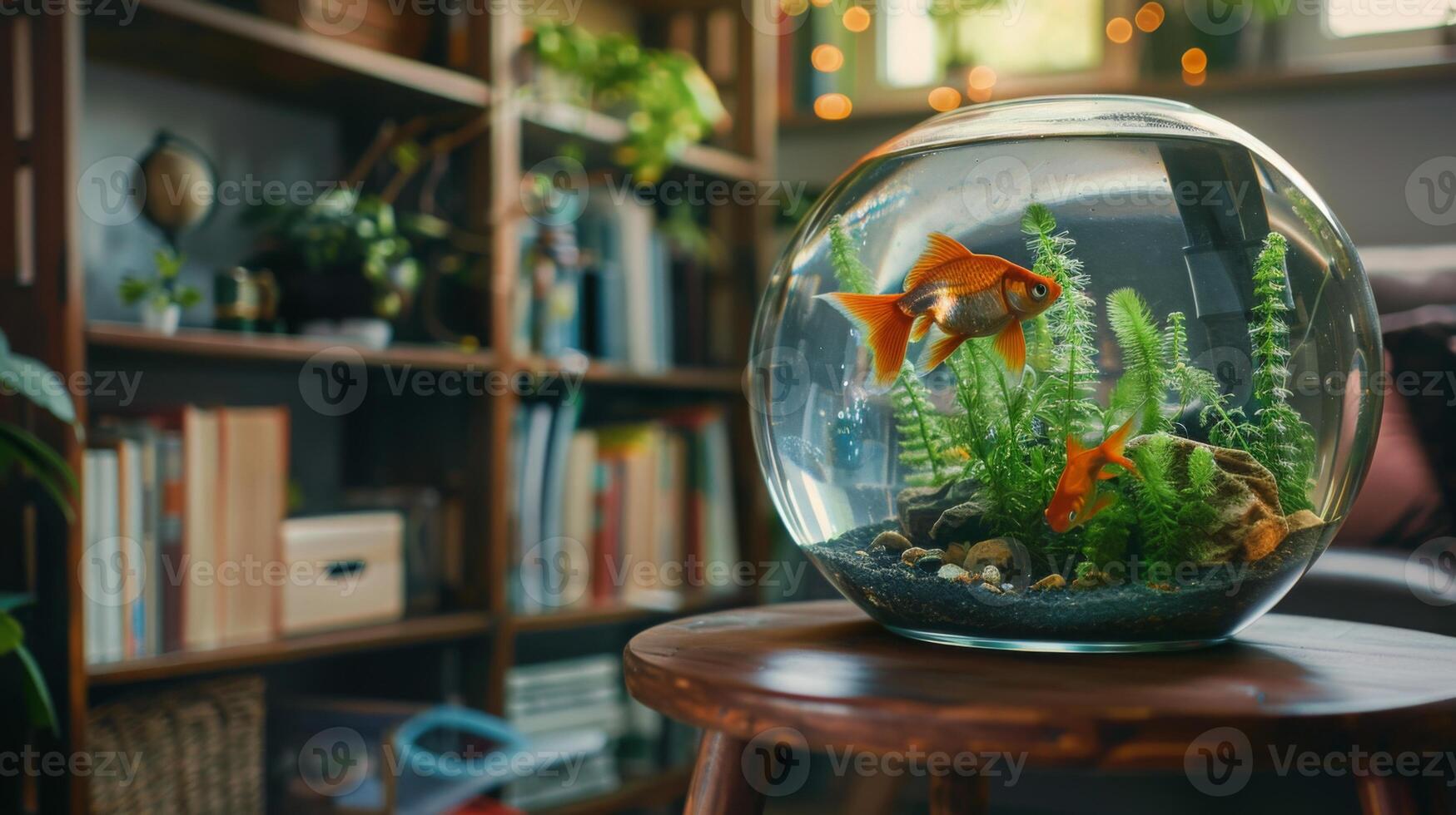 A round fish bowl with two goldfish swimming inside, sitting on a wooden table with a bookshelf in the background. photo