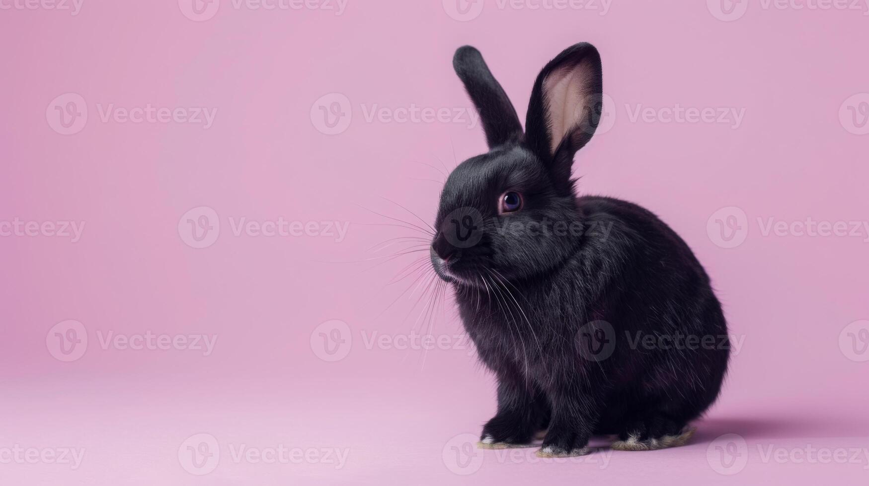A black rabbit sits on a pink background, looking to the side. photo
