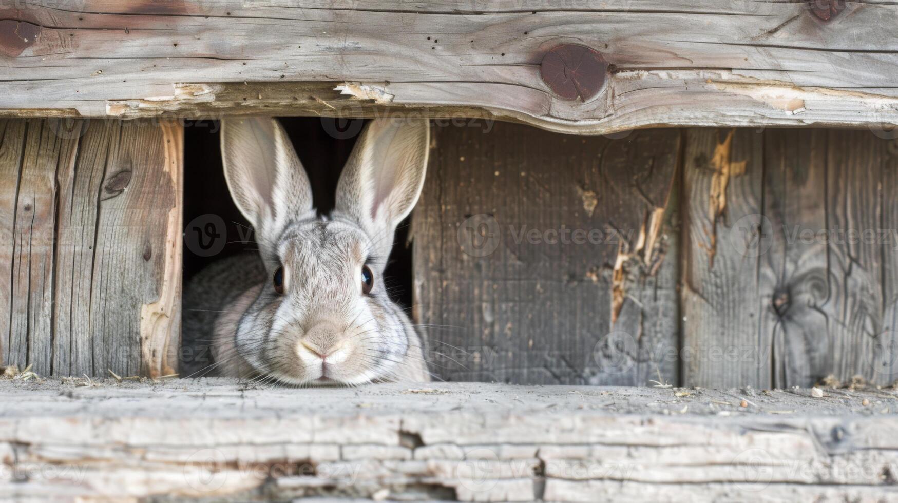 A gray rabbit peeks out from a small opening in a wooden structure. Its eyes are focused on the camera, and its whiskers are visible. photo