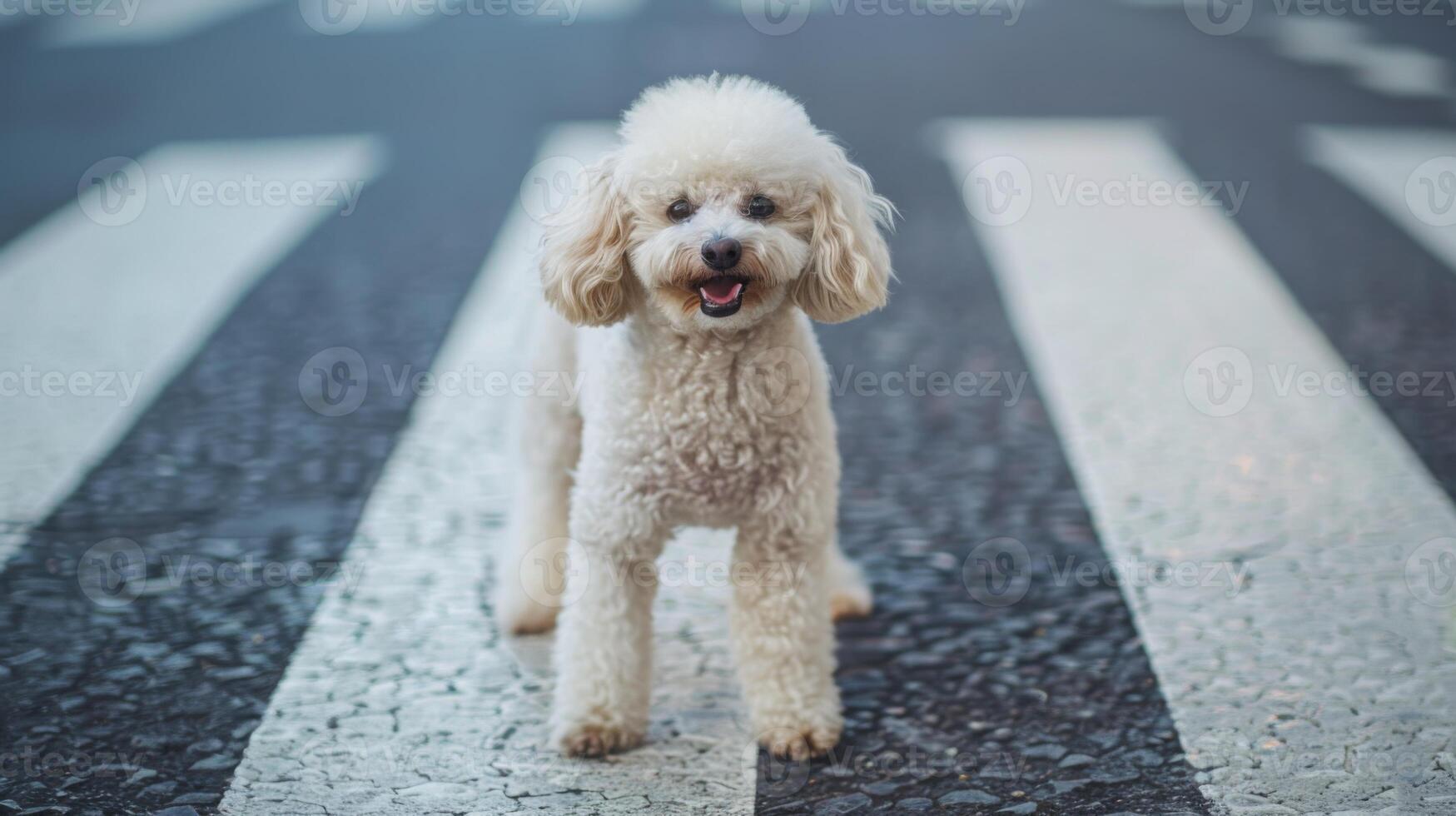 A small white poodle stands on a crosswalk, looking towards the camera with a happy expression. photo