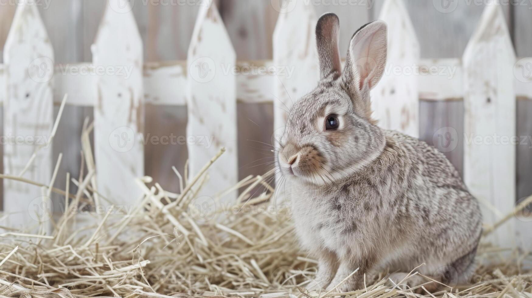 A gray rabbit sits in a bed of hay, with a white picket fence in the background. photo
