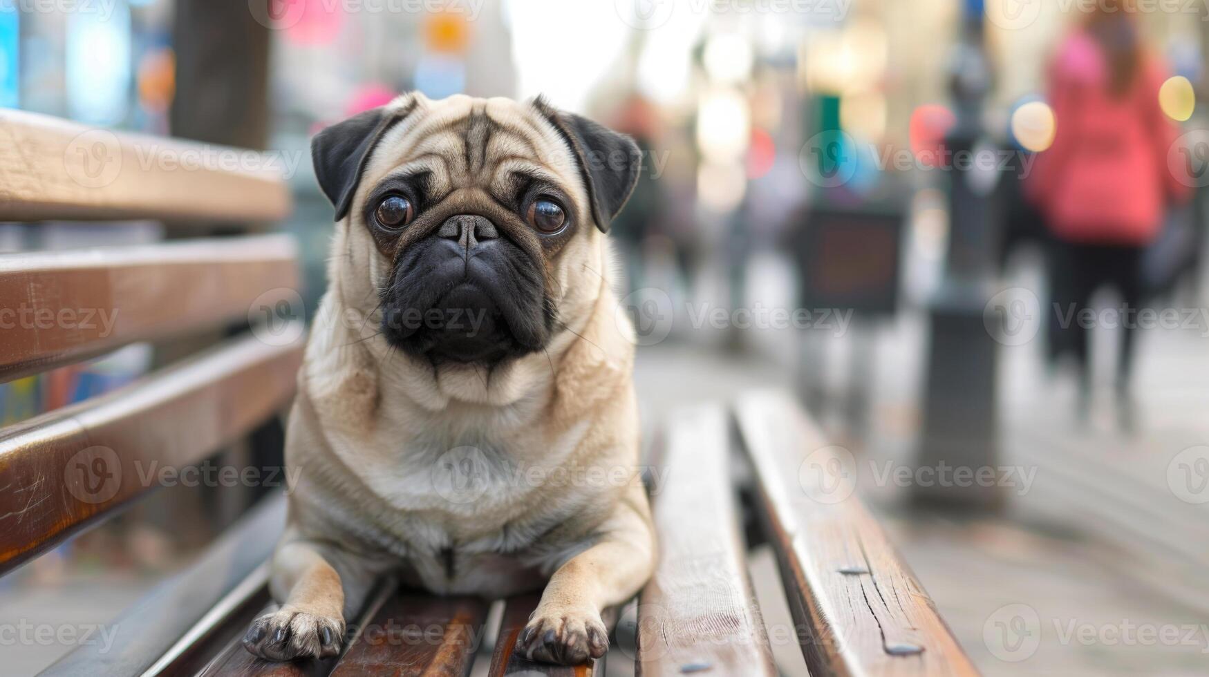 A close-up shot of a pug dog sitting on a wooden bench in a city setting. The dog is looking directly at the camera, with a slightly sad expression. photo