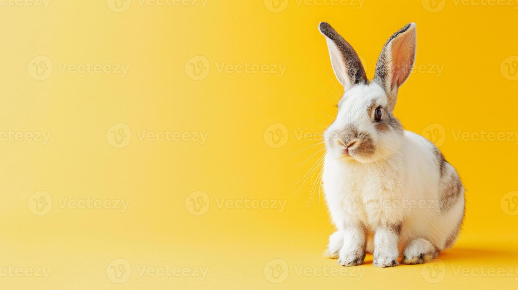 A white rabbit with brown markings sits on a yellow background, looking towards the camera with a curious expression. photo