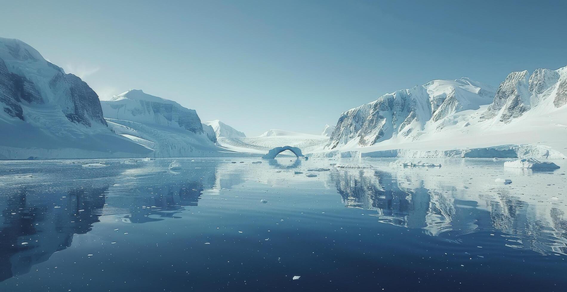 Ice Archway Reflecting in Frozen Lake Under Clear Blue Sky photo