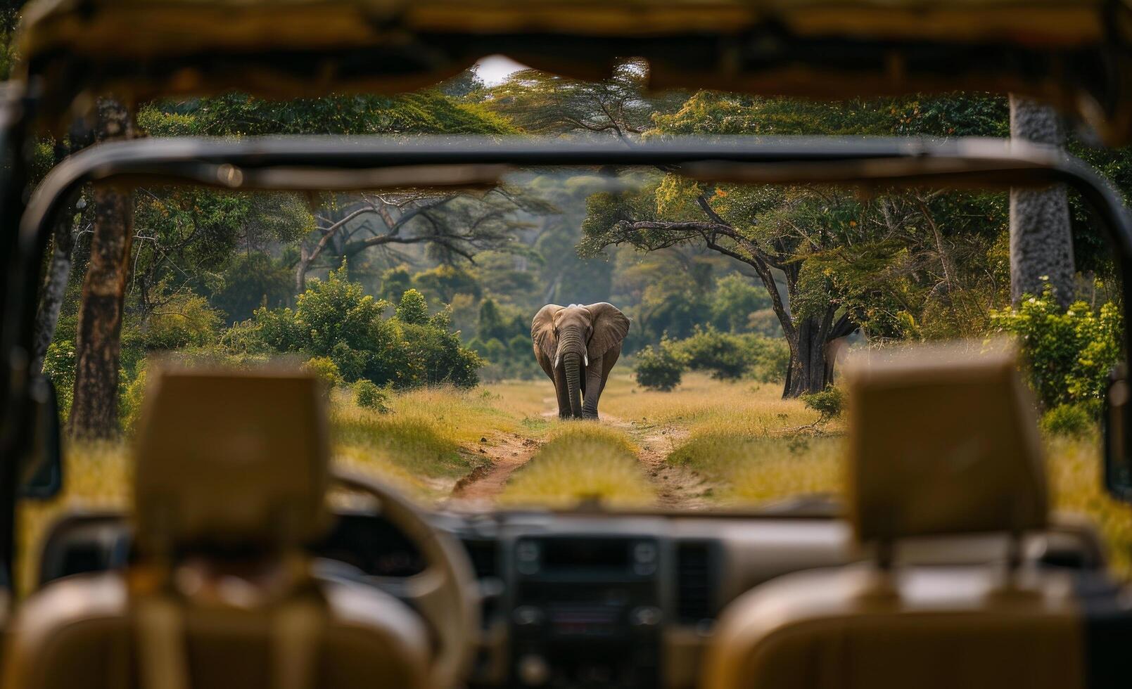 Tourists Viewing Elephant In African Safari Vehicle photo