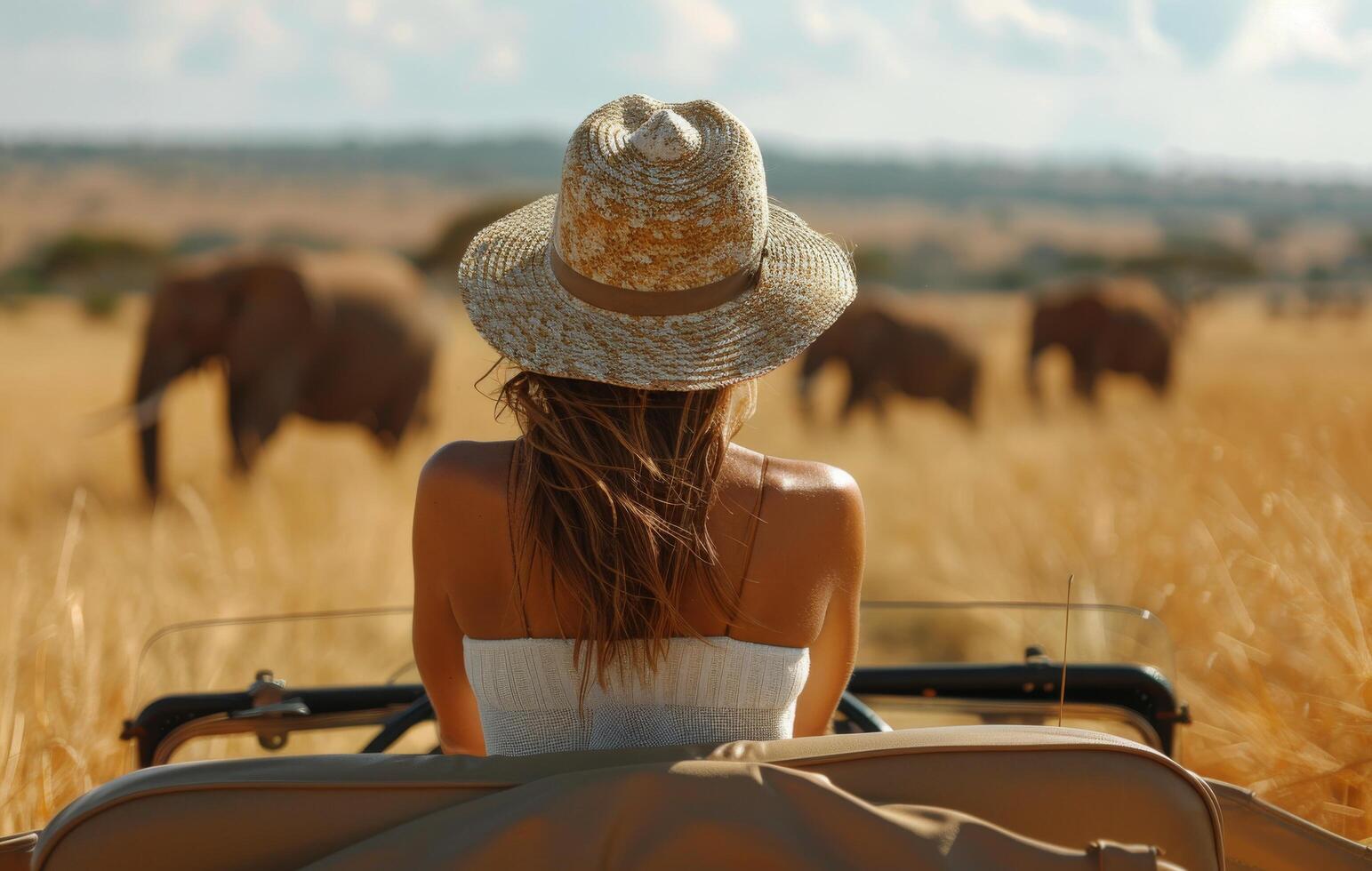 Woman In Straw Hat Observing Elephants From Safari Vehicle photo