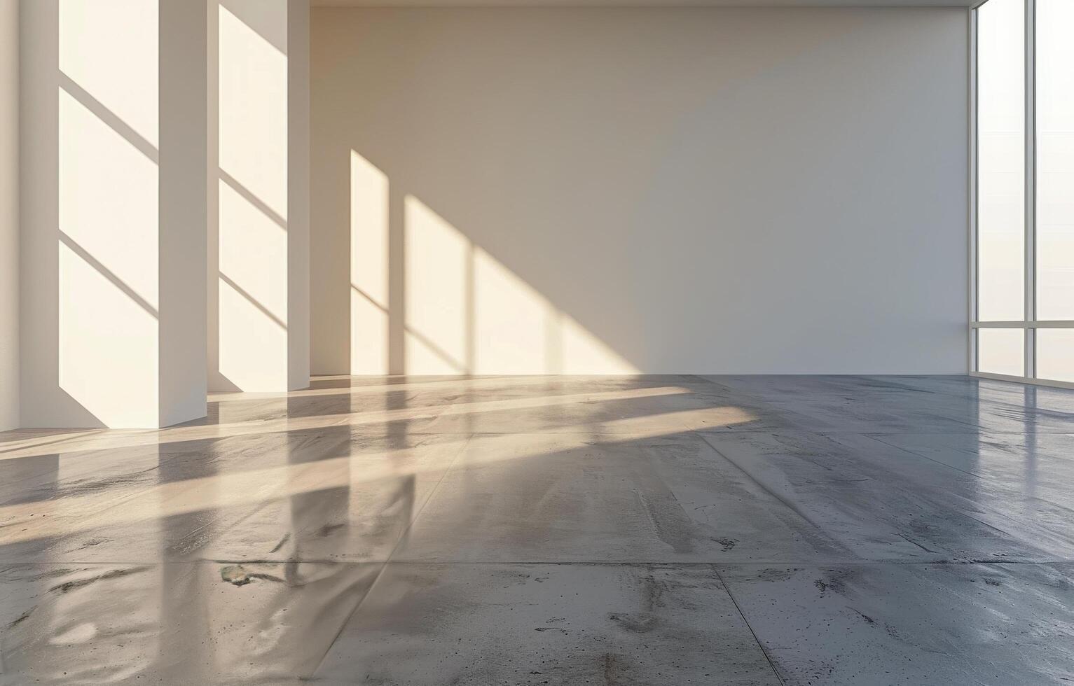 Sunlit Concrete Room With Large Window and Tile Floor photo