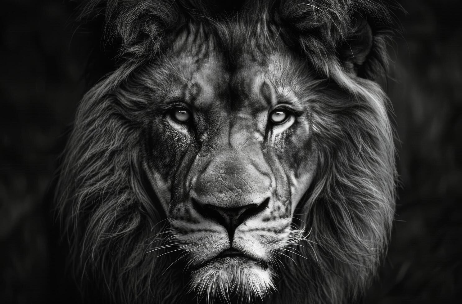 A Black And White Portrait of a Majestic Lion With a Full Mane photo