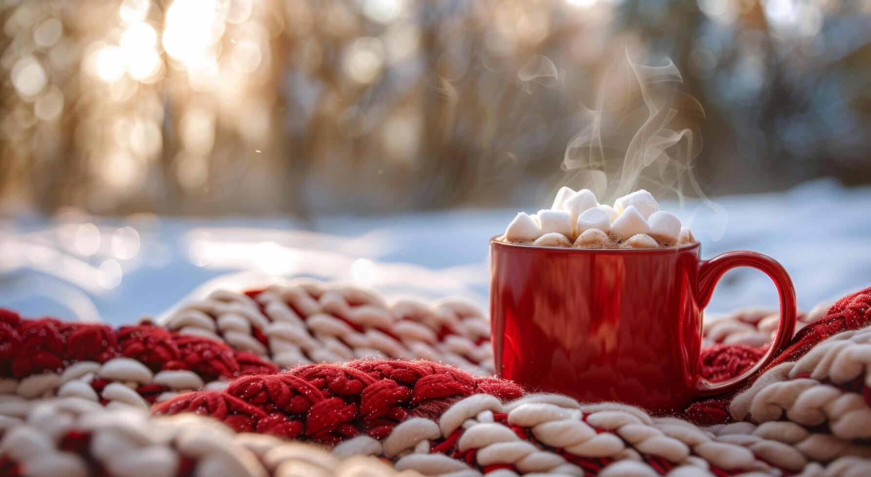 A Red Mug of Hot Chocolate With Marshmallows on a Snowy Winter Day photo