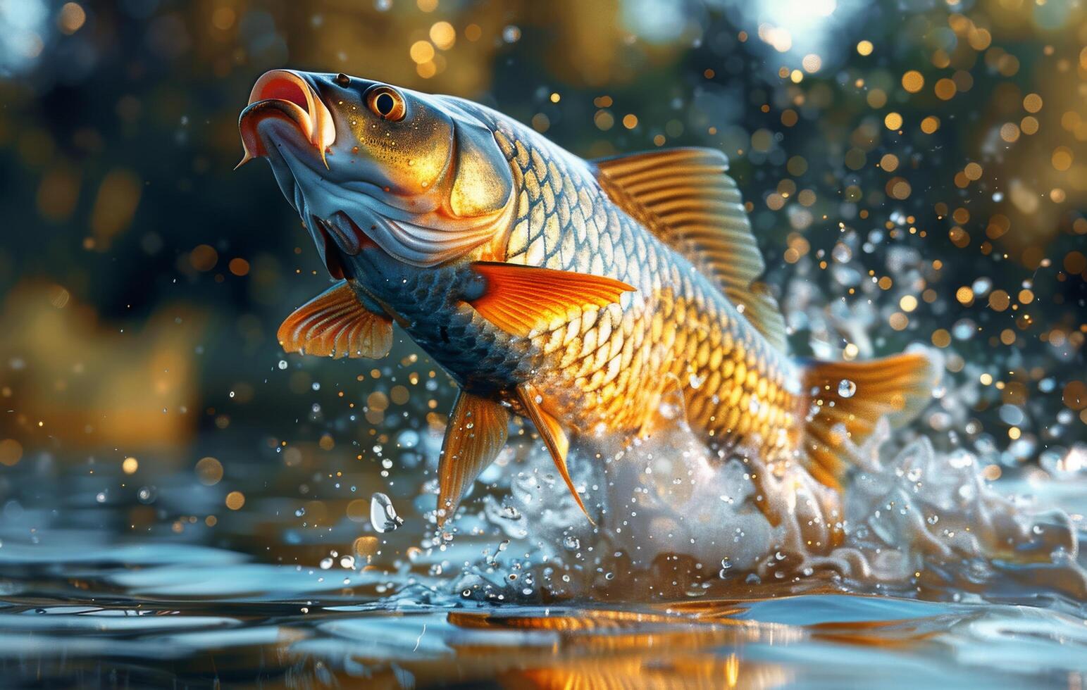 Golden Carp Leaping From Water On Sunny Day photo