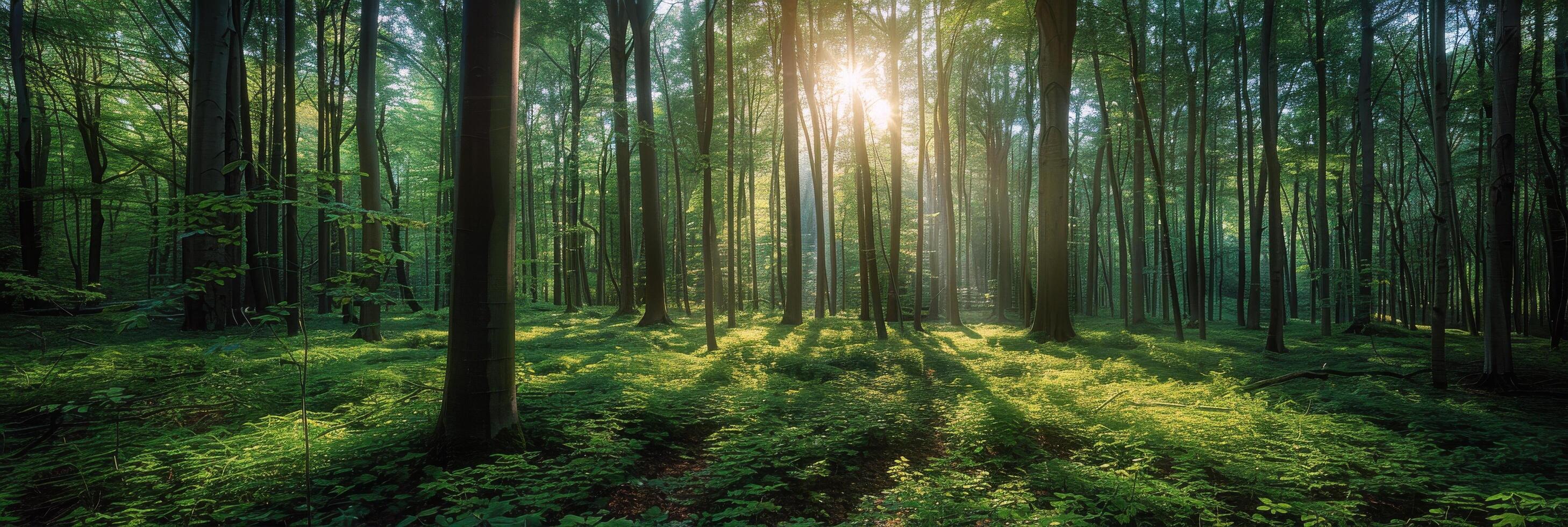 Sunbeams Through Dense Forest Trees in Morning Light photo
