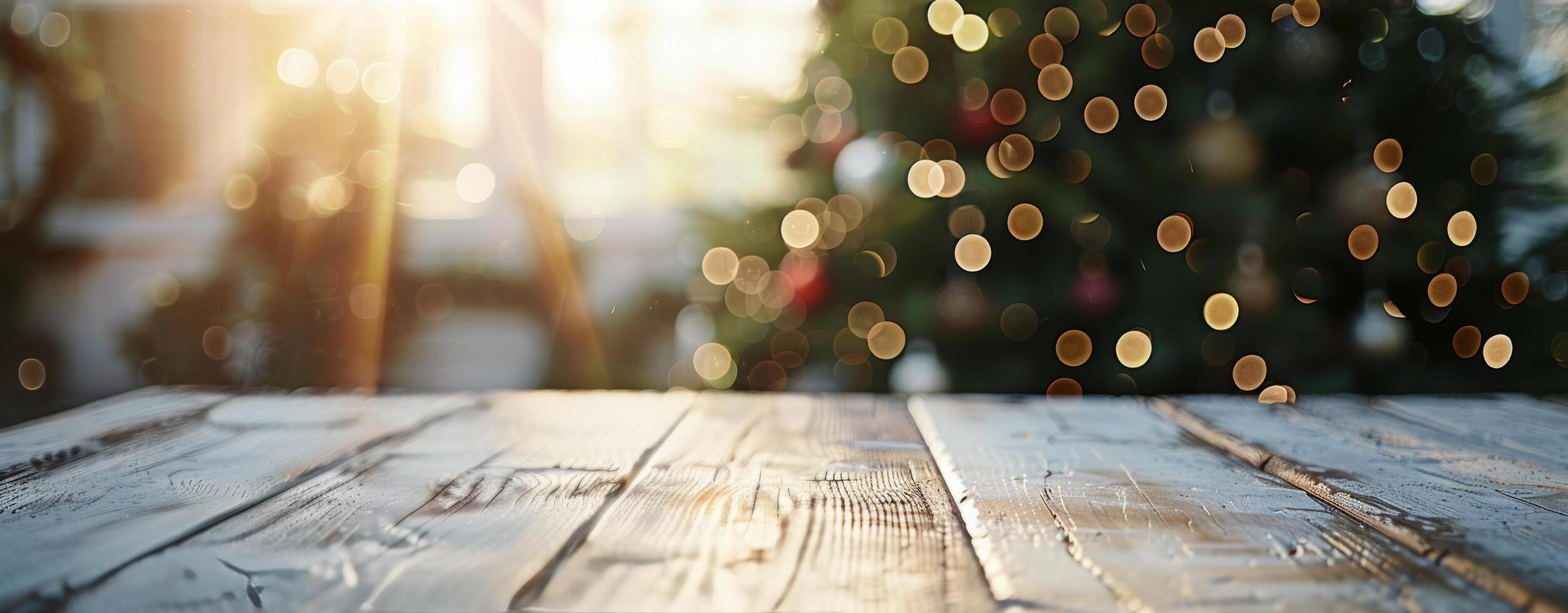 Wooden Tabletop In Front Of Blurred Christmas Tree And Lights photo