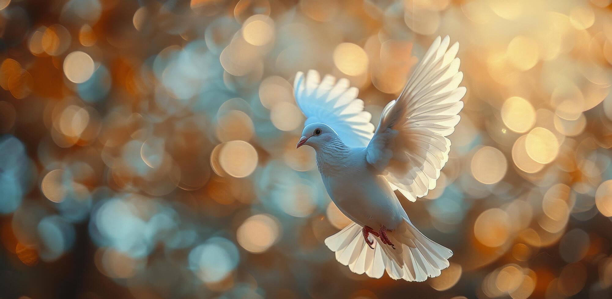 White Dove Flying Through Bokeh Light In The Afternoon photo