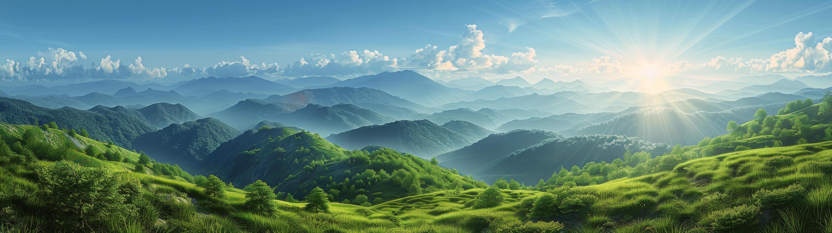 Mountainous Landscape With Foggy Peaks and Bright Sunlight photo
