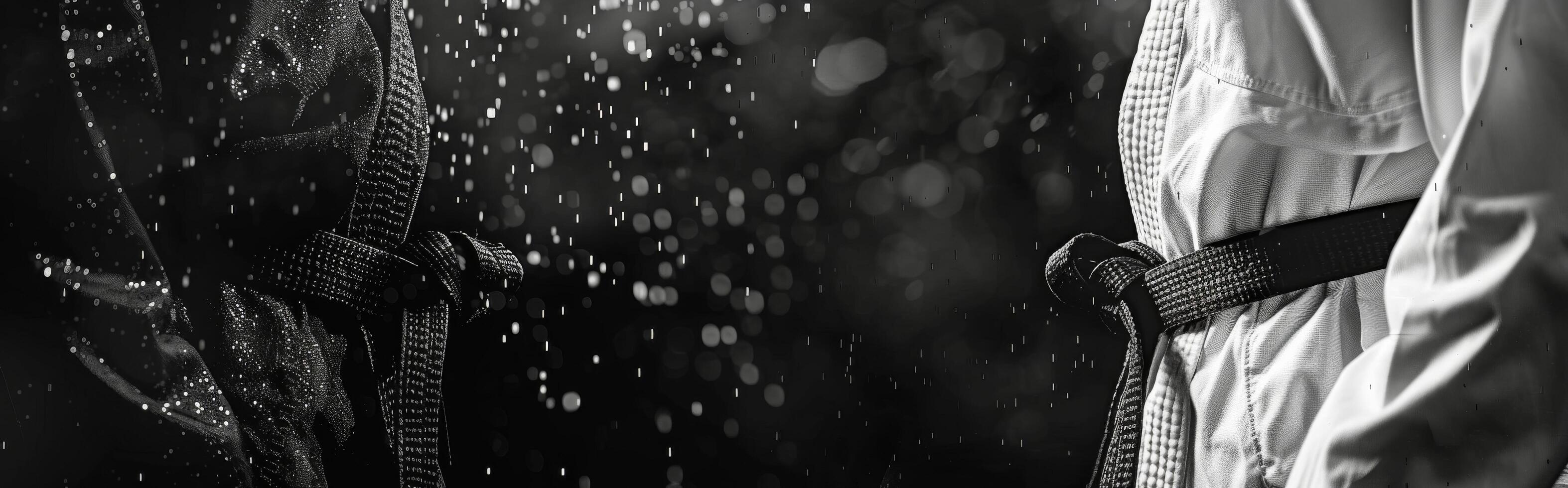 Black And White Karate Gi Belts With Water Droplets In The Background photo