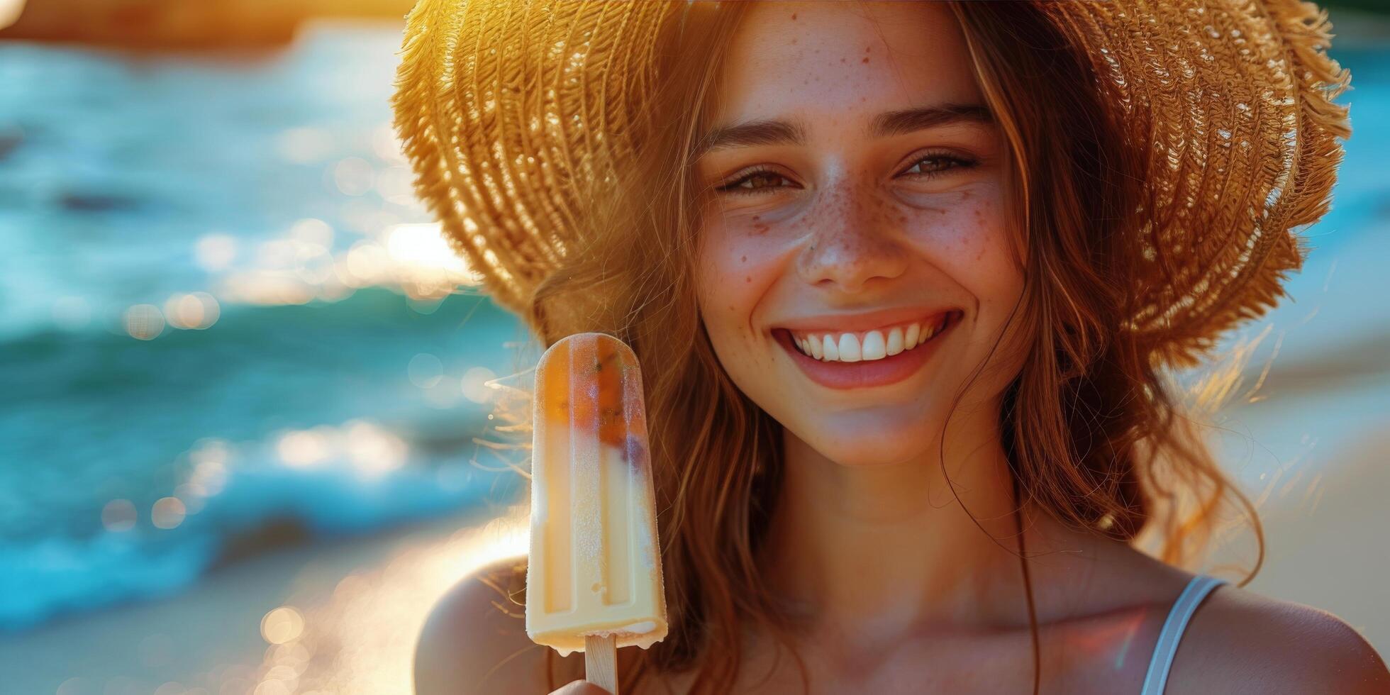 Happy Woman Enjoying Summer Ice Cream on Beach photo