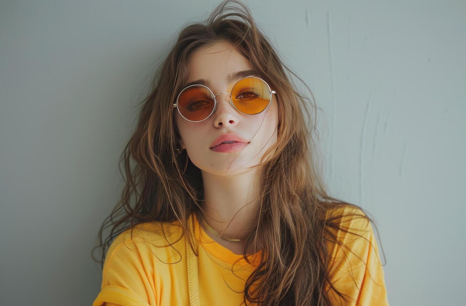 Woman Wearing Sunglasses Against Grey Wall photo