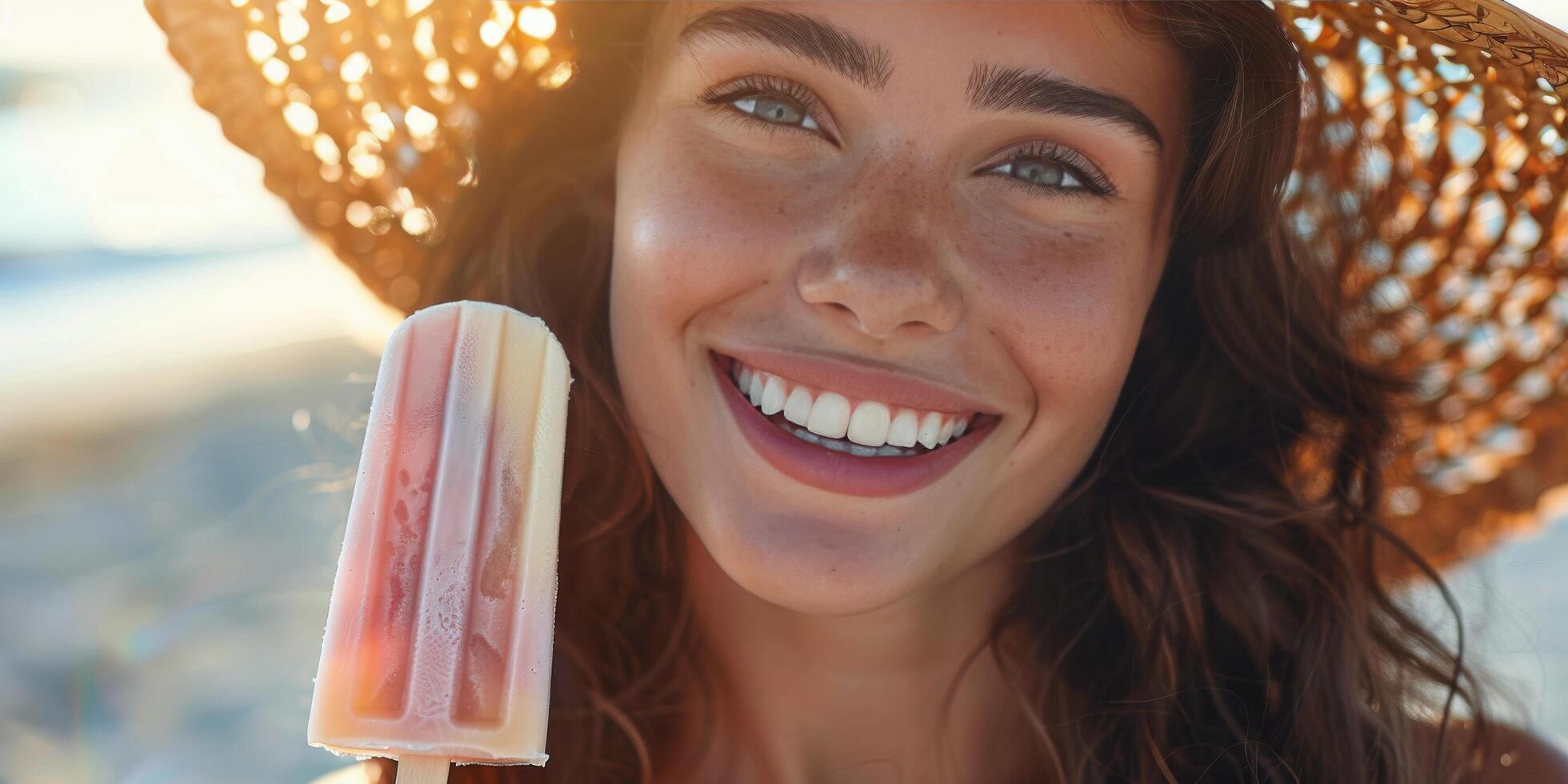 Happy Woman Enjoying Summer Ice Cream on Beach photo