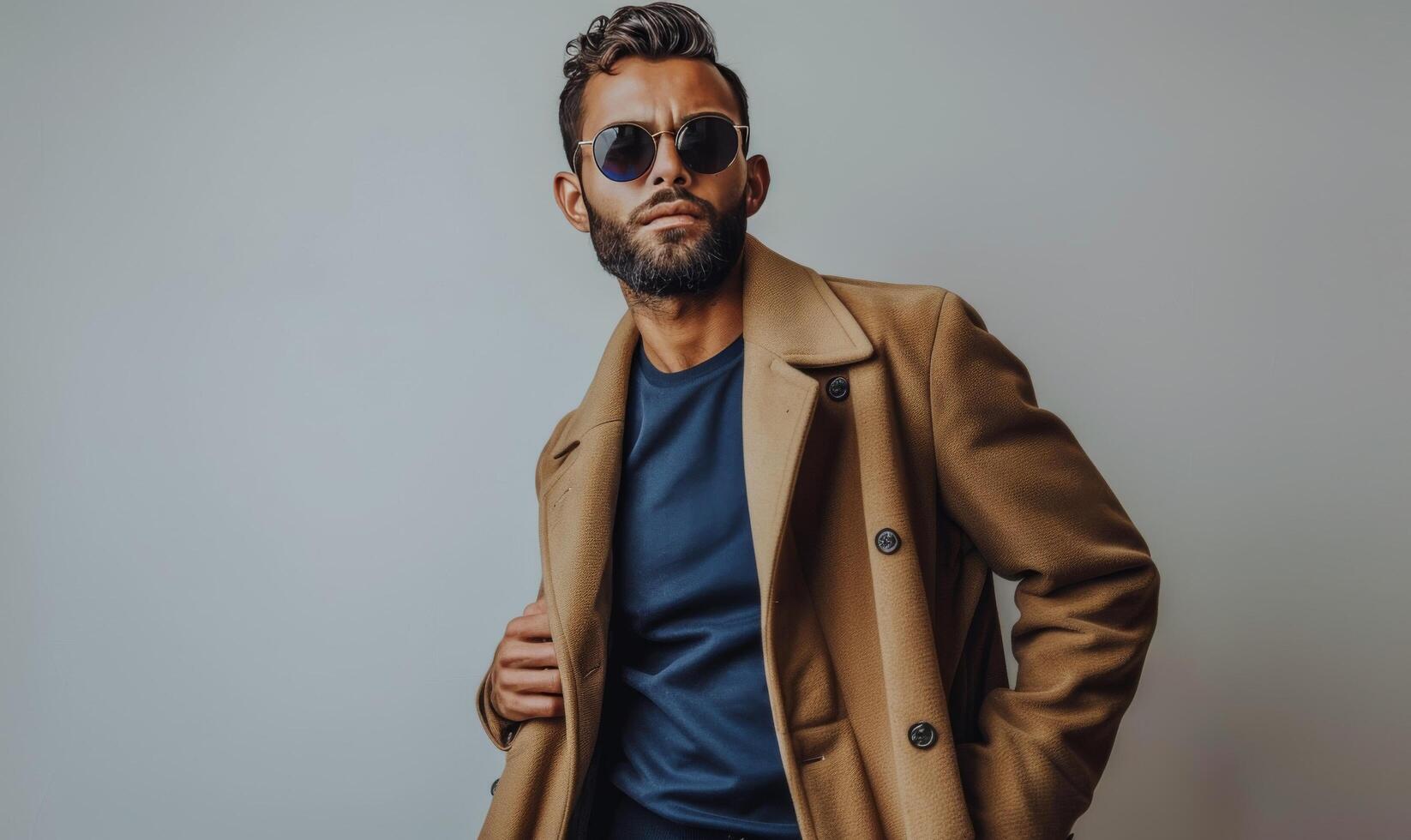 Man Wearing a Tan Overcoat and Sunglasses Posing Against a White Background photo