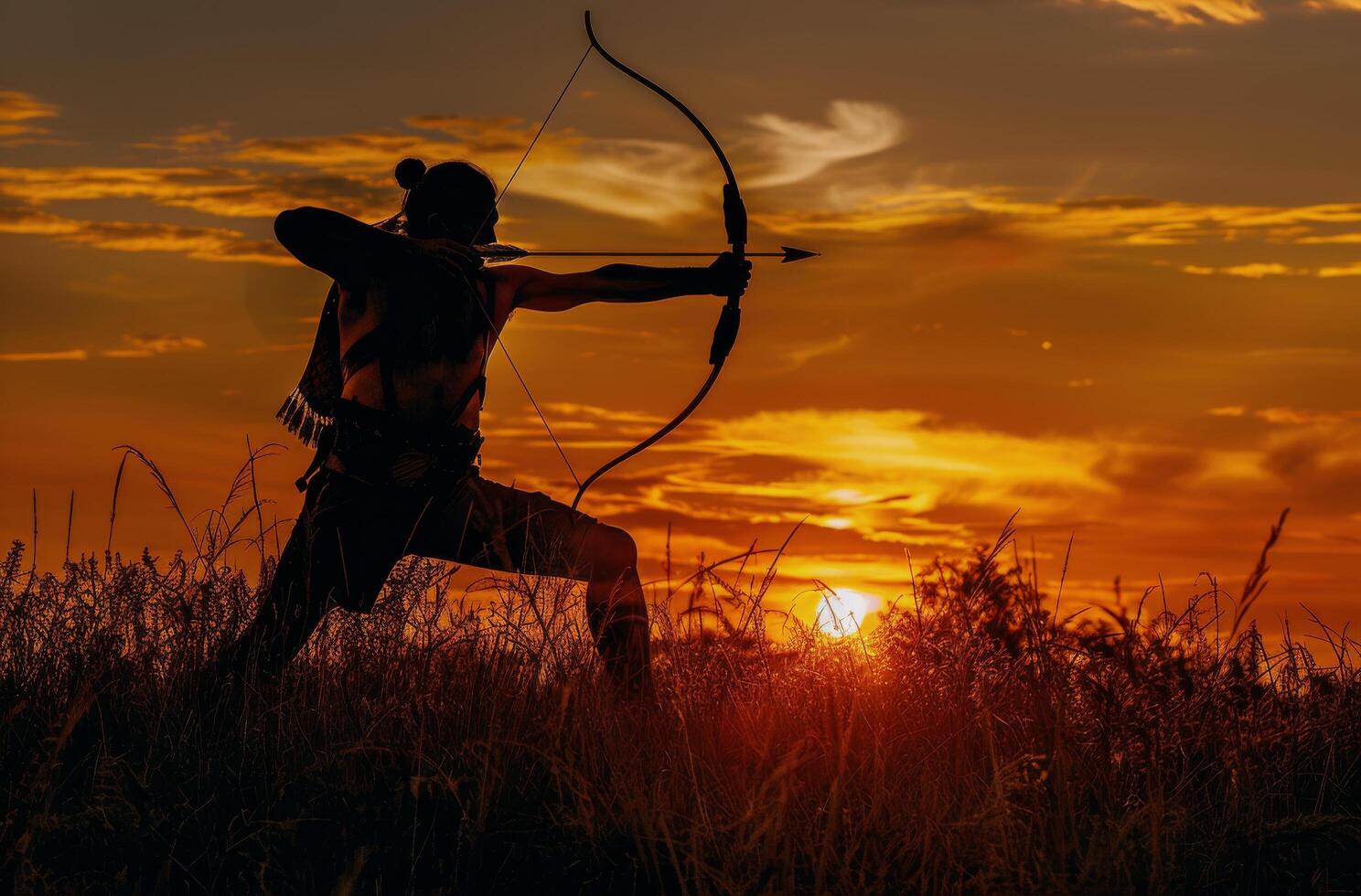 Silhouette of an Archer Aiming at Sunset in a Field of Grass photo