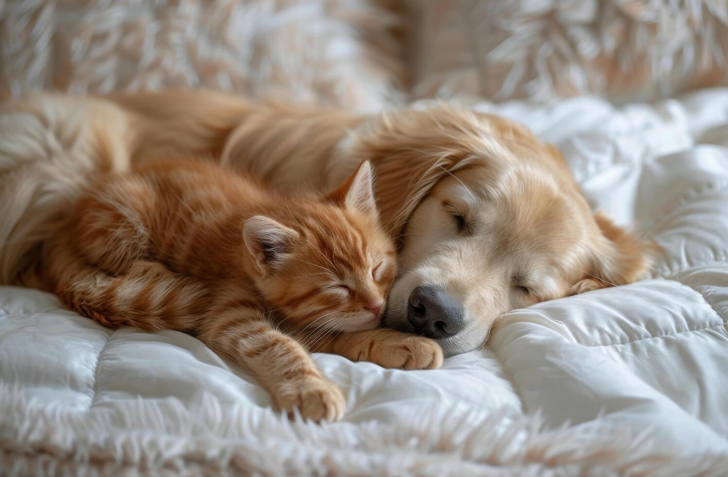 A Golden Retriever and Kitten Sleeping Peacefully on a Bed photo