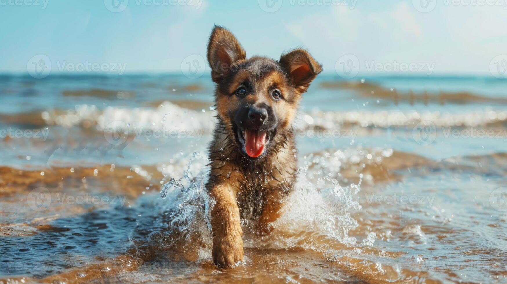 A wet, happy German Shepherd puppy runs through the shallows of the ocean. The puppy has a playful smile and wet fur. The water is clear and blue with whitecaps. photo