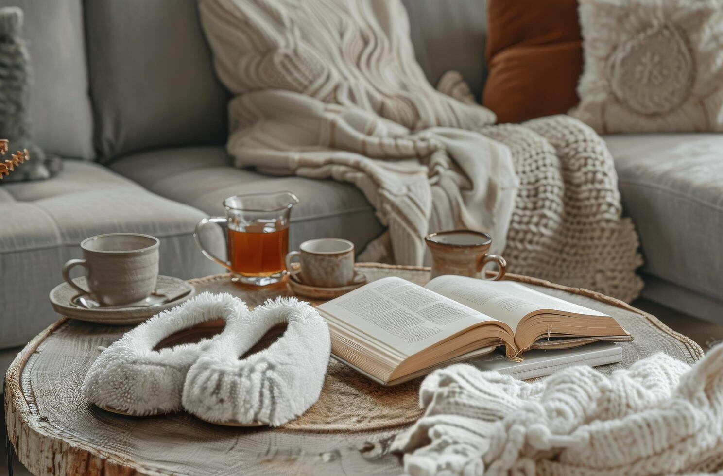 Cozy Living Room With Slippers, Tea, and an Open Book photo
