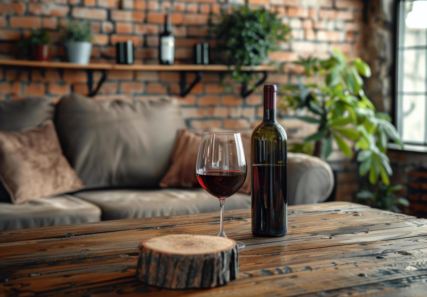 Glass of Red Wine and Bottle on Rustic Wooden Table in Cozy Living Room photo