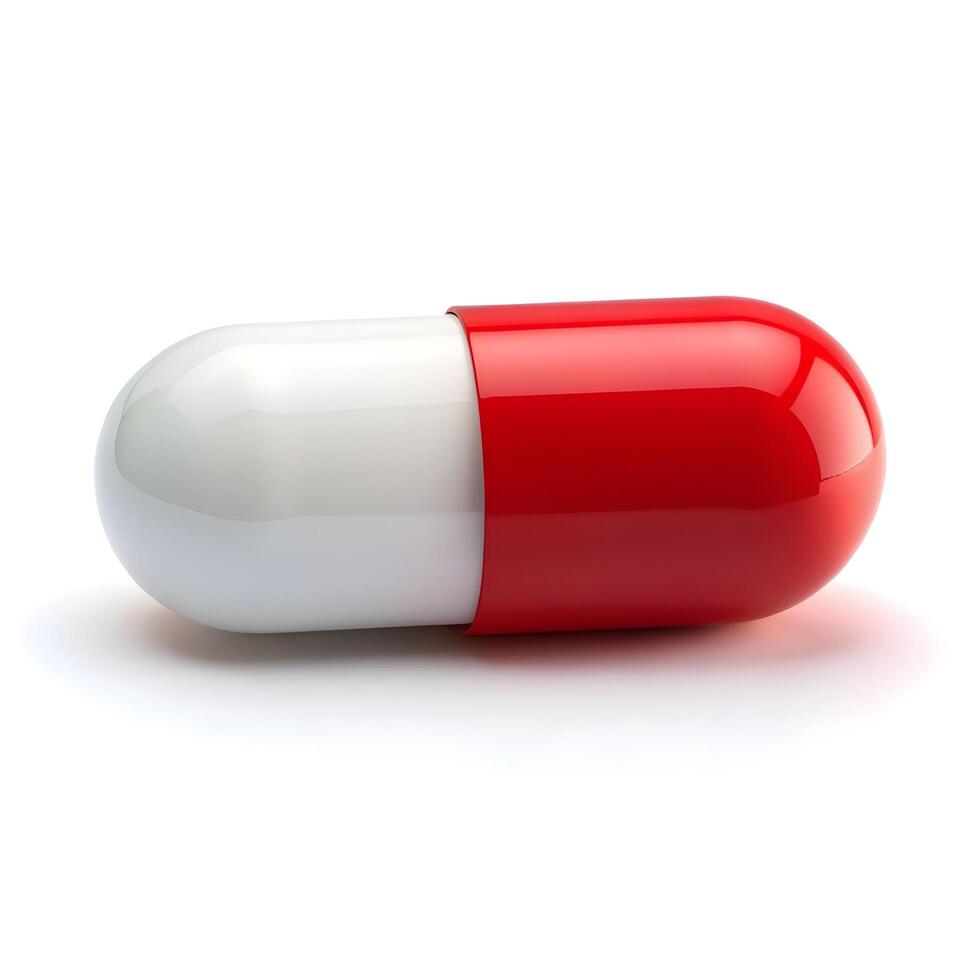 red and white pill on white background photo