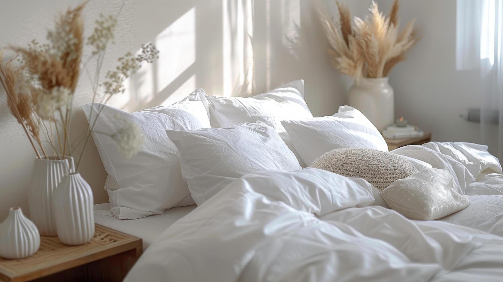 Bed With White Sheets and Pillows in Room photo
