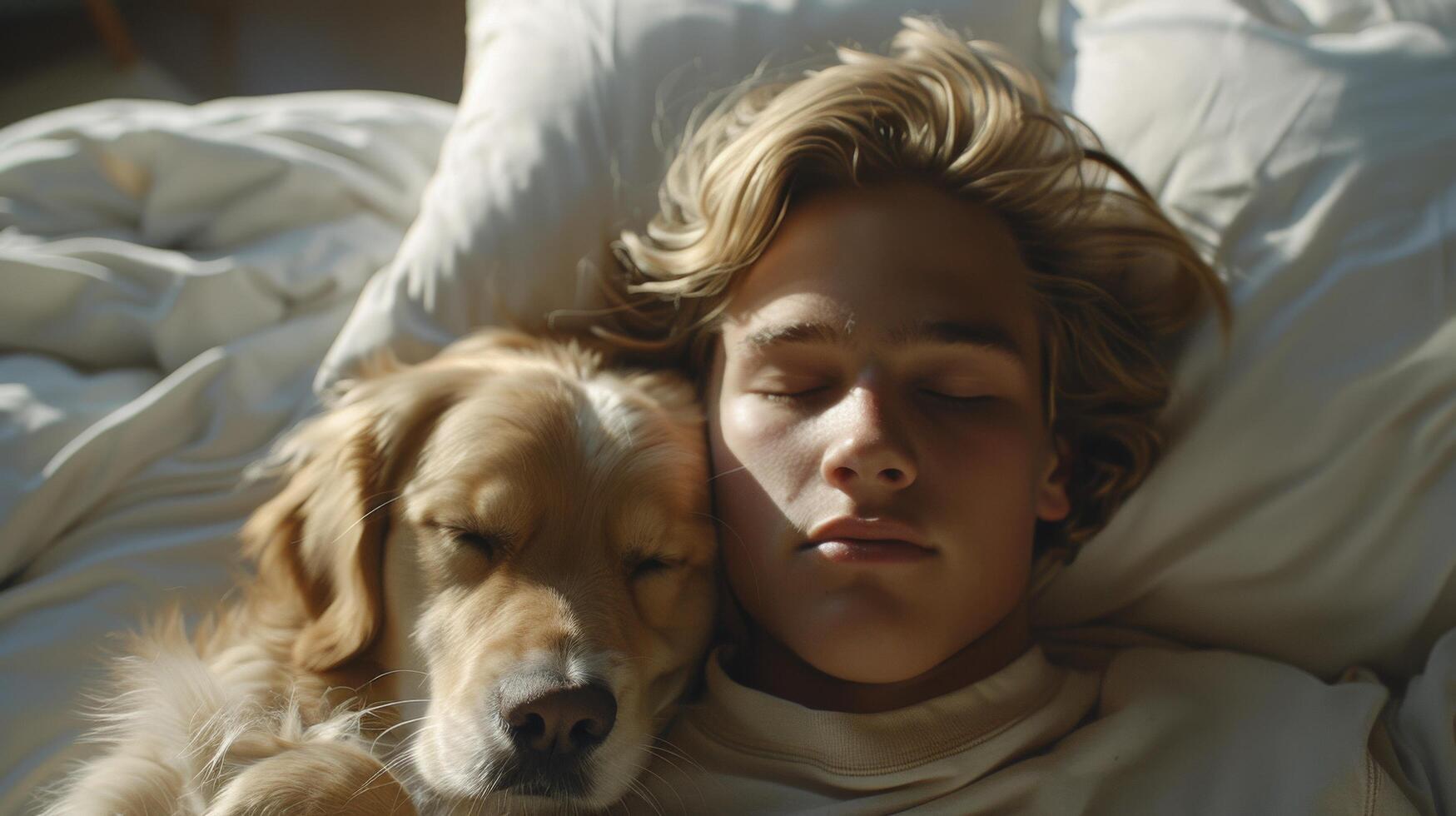 Person Relaxing in Bed With Dog photo