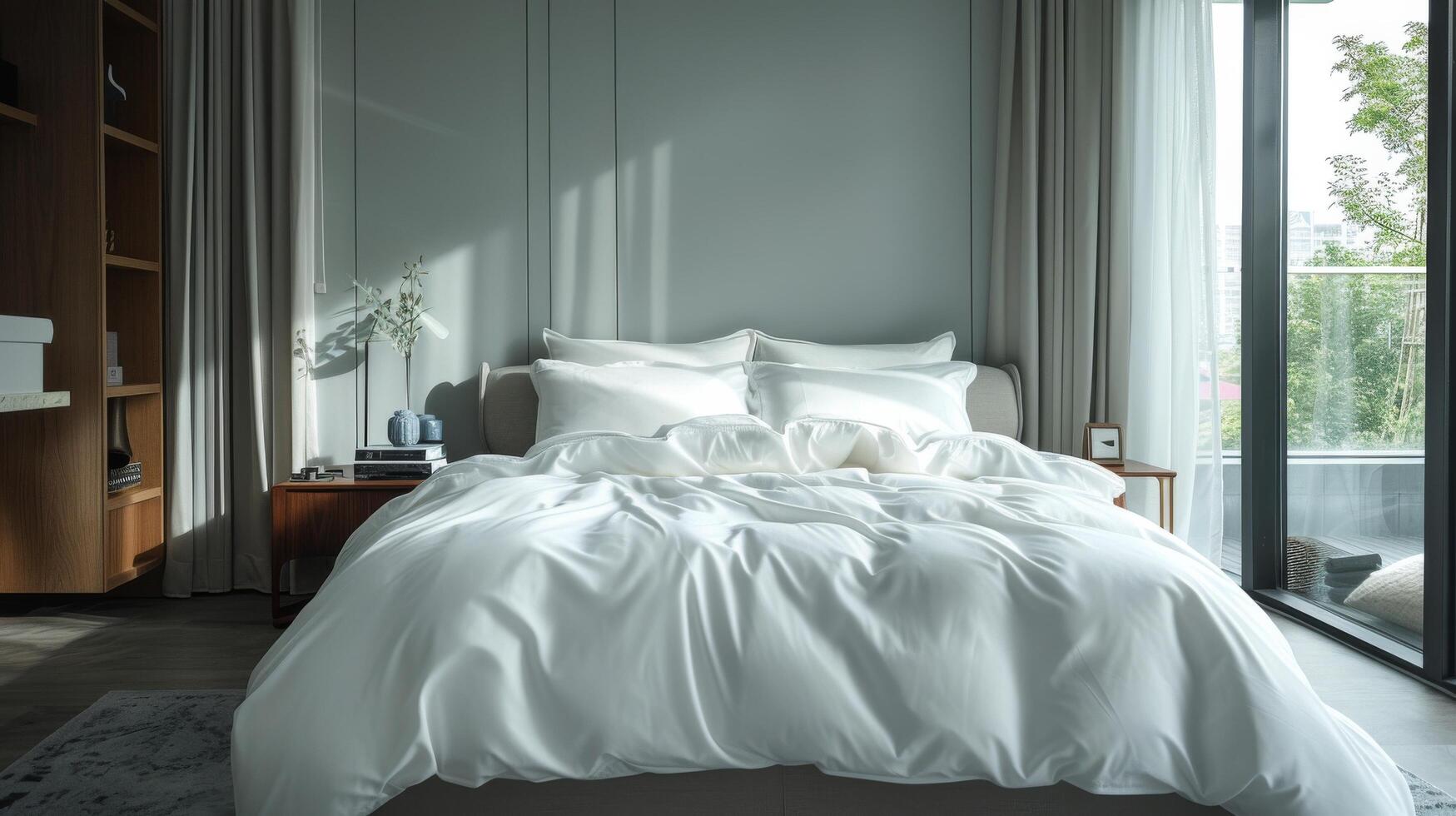 Bed With White Sheets and Pillows in Room photo