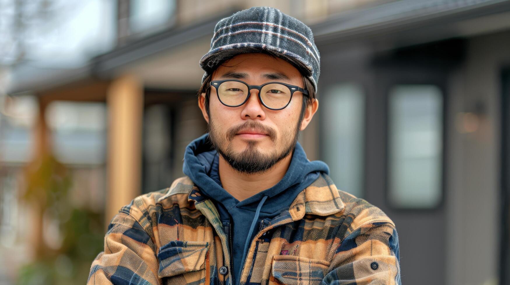 Man With Glasses and Hat Standing in Front of Store photo